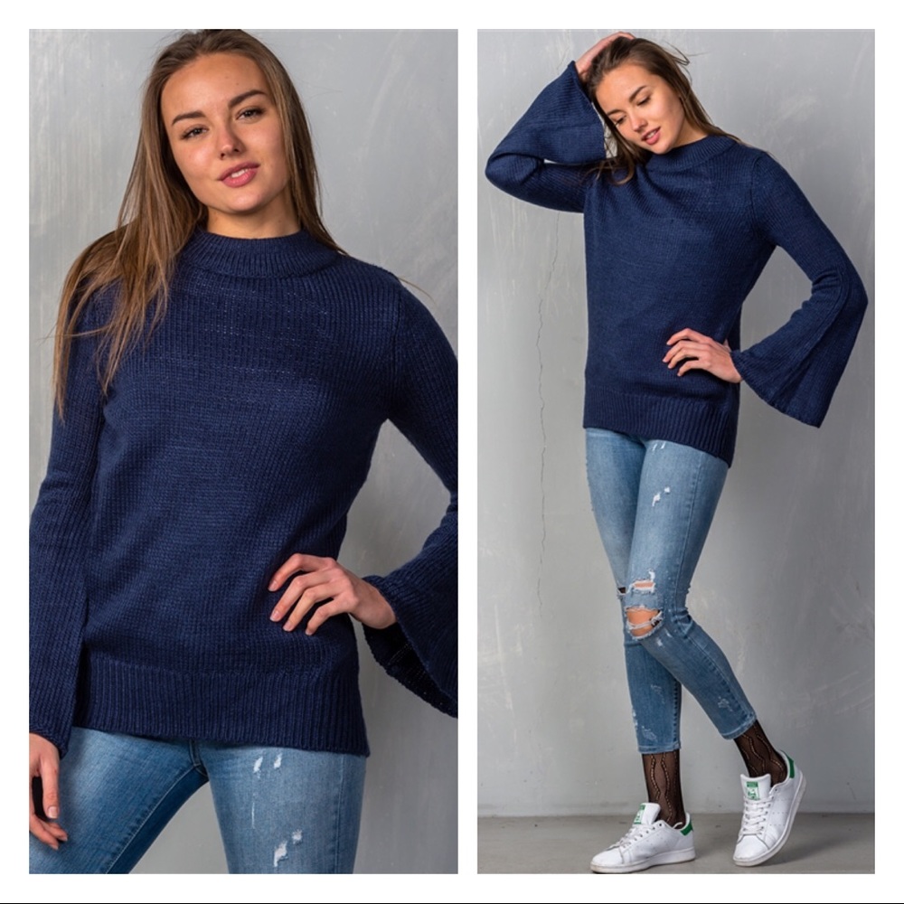 NAVY MOCK NECK SOLID FLARE SLEEVE KNIT SWEATER